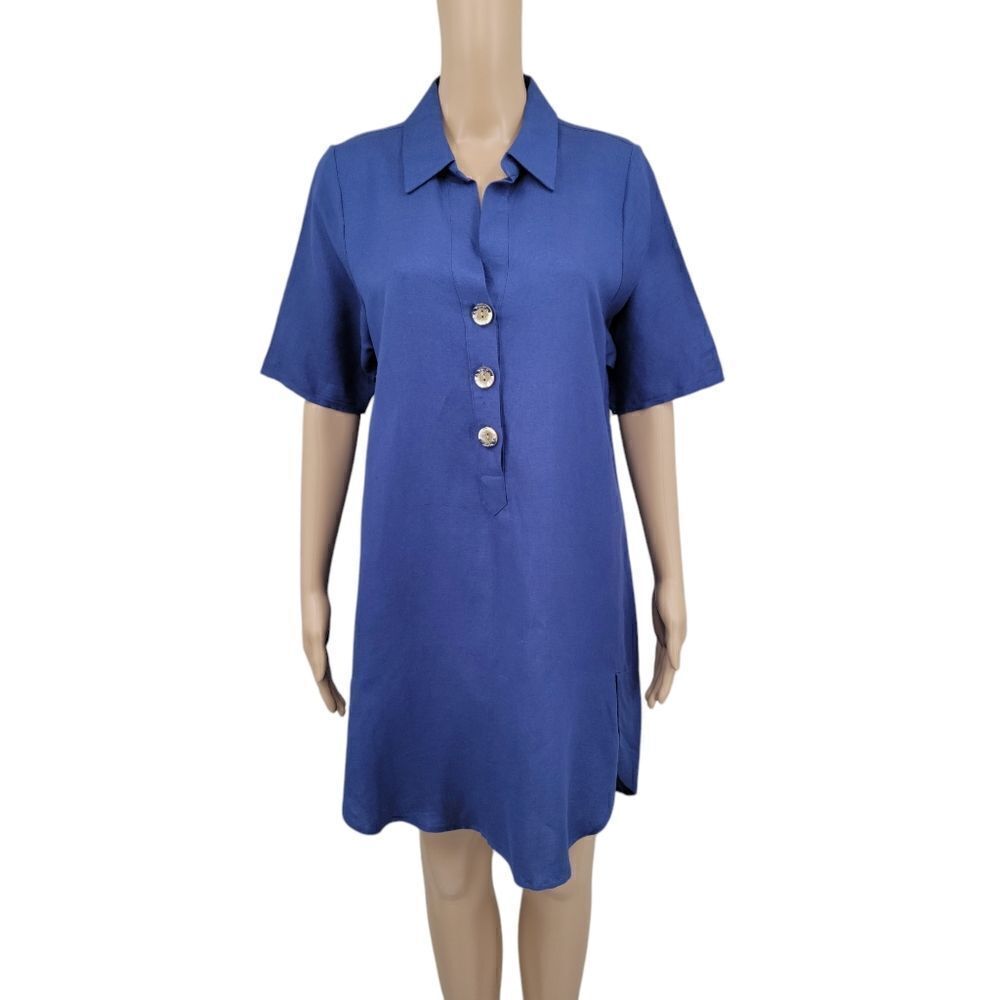 Chelsea & Theodore Blue Linen Rayon Button-Down Midi Shirt Dress Short Sleeves